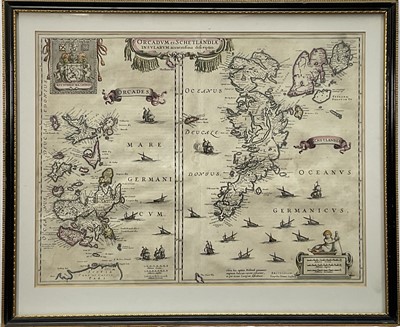 Lot 15 - Johannes Blaeu - 17th century hand tinted map of Orkney and Shetland, 36 x 49cm, glazed frame
