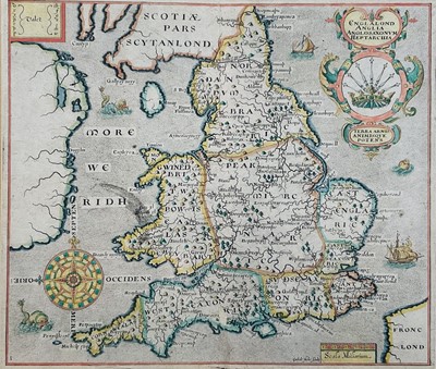 Lot 19 - William Camden - 17th century hand tinted map of England and Wales, circa 1607, 29 x 31cm, glazed frame