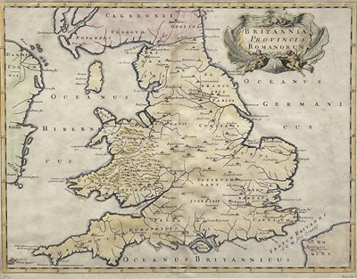 Lot 18 - 18th century engraved map of England and Wales in the Roman period - Britannia Provincia Romanorum, plate 35 x 47cm, glazed frame