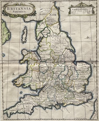 Lot 72 - Robert Morden, 18th century hand coloured map of Saxon Britain, 38 x 30cm, glazed frame