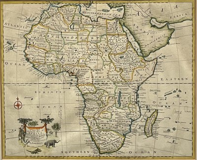 Lot 73 - Emanuel Bowen 18th century handcoloured map of Africa, 36 x 41cm, glazed frame