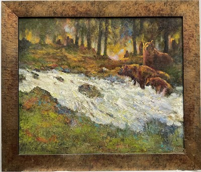 Lot 111 - Norman Coker (contemporary) oil on board - Return of the Salmon, signed, 50 x 59cm, framed