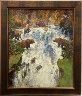 Lot 112 - Norman Coker (contemporary) oil on board - The Salmon Run, signed, 60 x 48cm, framed