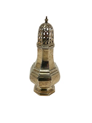Lot 254 - George V silver sugar caster of octagonal form with pierced cover, (Sheffield 1923), maker Walker & Hall, 17cm in overall height, 4.5ozs.