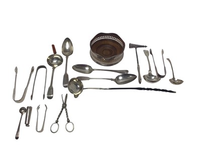 Lot 265 - Group of Georgian and later silver and plated wares to include Georgian toddy ladle, silver tablespoons and a silver plated wine coaster, (various dates and makers)