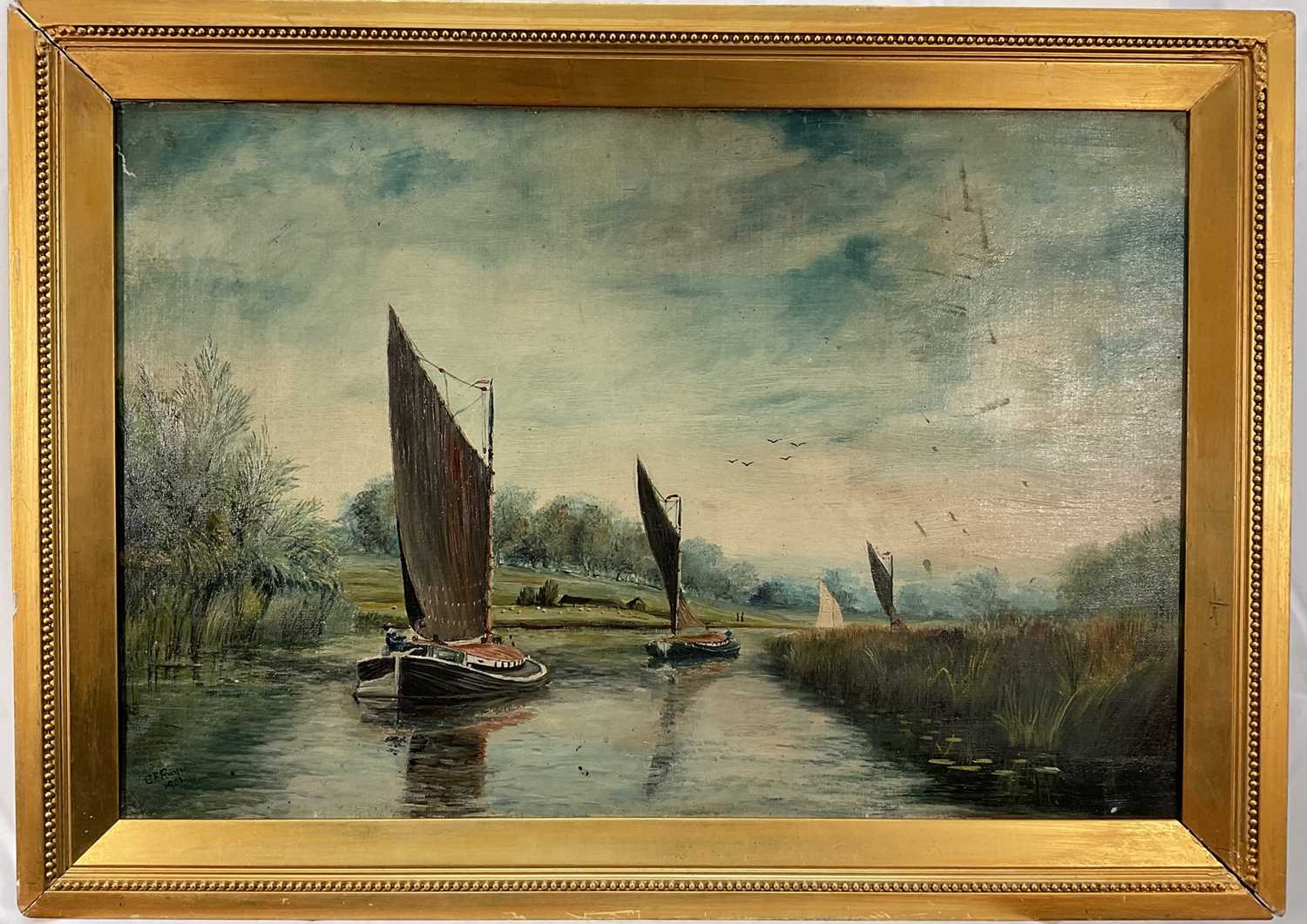 Lot 217 - Charles F. Rump 1853 - 1924 Wherries on the Norfolk Broads, oil on canvas, signed and dated 1902, in gilt frame. 39 x 59cm