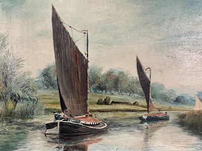 Lot 217 - Charles F. Rump 1853 - 1924 Wherries on the Norfolk Broads, oil on canvas, signed and dated 1902, in gilt frame. 39 x 59cm