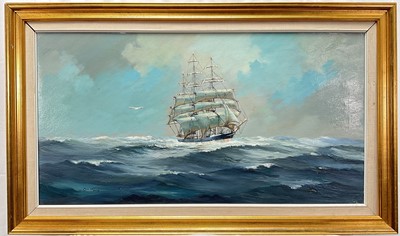 Lot 216 - Colin Moore A three masted schooner at sea, oil on canvas, signed, in gilt frame. 40 x 75cm