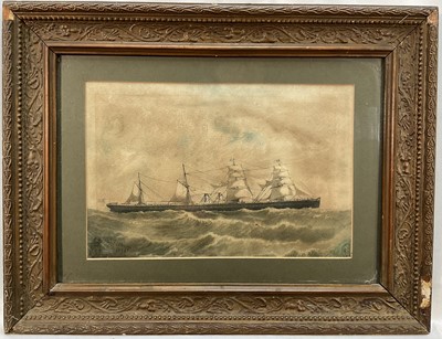 Lot 219 - Palethorpe, Victorian coloured print - A large steam sailing vessel with four masts, dated 1878, in gilt frame. 19 x 29cm