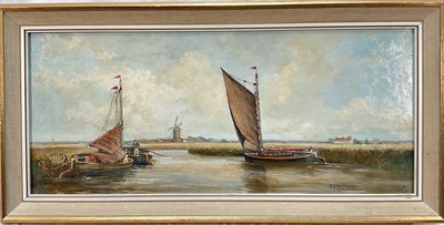 Lot 218 - Dorothy Lightfoot 1919 - 2002 Wherries on the Broads, a windmill beyond, oil on board, signed. 20 x 49cm