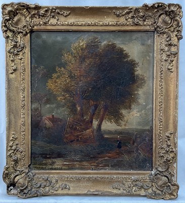Lot 220 - English School 19th Century A woodland river scene with a figure near a cottage, oil on canvas, indistinctly signed and dated 1878, in gilt frame. 24 x 22cm