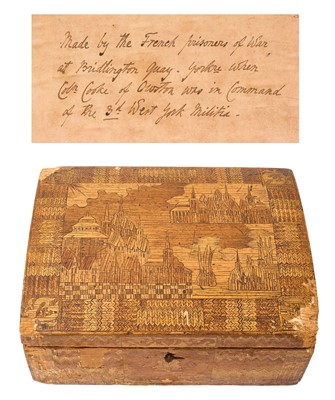 Lot 665 - Early 19th Napoleonic Prisoner of War, straw work box with landscape decoration, annotated in ink on the interior ''Made by French Prisoners of War at Bridlington Quay, York, when Col. Cooke wa...