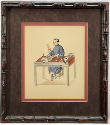 Lot 147 - 19th Century, Chinese watercolour on paper, a lady sewing, in a simulated bamboo frame. Overall including frame 46cm x 41cm