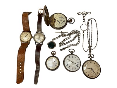 Lot 144 - Group of silver pocket and fob watches, silver watch chain and two vintage wristwatches