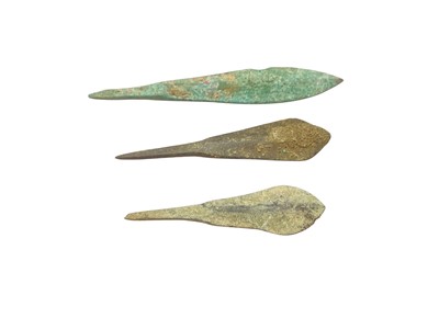 Lot 2458 - Three Ancient Egyptian bronze arrow heads 1000bc