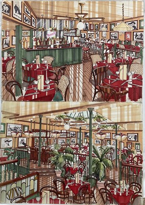 Lot 160 - 20th century interior design, "Muswells" Cafe Bar, an original graphic illustration design for the interior of a cafe bar. Pen and ink on card. 42cm x 59.5cm, unframed. Together with another. (2)