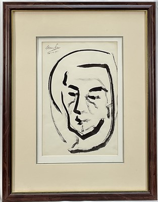 Lot 162 - Johannes Meintjes (South African, b. 1941), original ink portrait on paper, signed upper left. Overall including frame 51cm x 40cm
