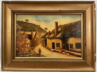 Lot 163 - Naive, early 20th Century, a village scene of cottages with villager, chickens and geese, a hilly landscape in the distance, oil on board, signed and dated 1930 lower right. Overall including fr...