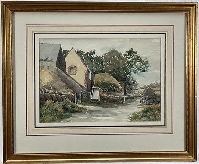 Lot 165 - E. Hobson - early 20th century, farm gates on a country lane, watercolour on paper, signed lower left. Overall including frame 44cm x 53cm