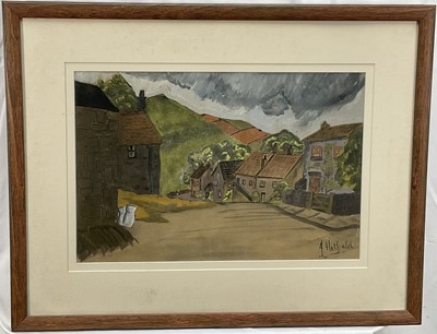 Lot 170 - J. Hatfield - early 20th century, a naive gouache on paper, a village scene with hilly landscape in the distance, signed lower right. Overall including frame 52cm x 65.5cm