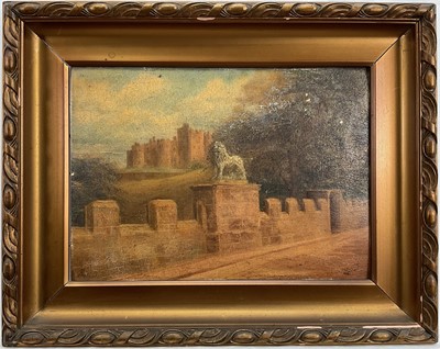 Lot 172 - 19th century , oil on board, a stone lion on a castle wall with castle in the distance. Overall including frame 38cm x 48cm