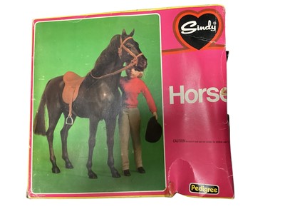 Lot 2077 - Pedigree vintage Sindy doll leisure accessories including Horse No.44569, Gig & Harness No.44519 and later Tiffany (Sindy's horse), boxed (3)