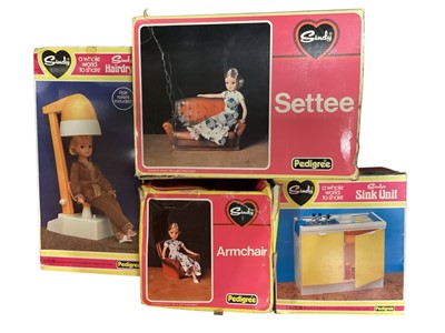 Lot 2078 - Pedigree vintage Sindy doll household furniture & accessories including Sette No.44522, Armchair No.44520, Magic Cooker No.4448, Sink Unit No,44548 & Hairdryer No,44524, boxed (5)