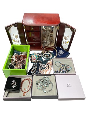 Lot 151 - Group of costume jewellery, mostly bead necklaces including agate, cultured pearls etc and a glazed door jewellery box