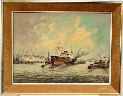 Lot 261 - Adrianus Verveen (1912-1988) oil on canvas - Shipping in a Port, signed, 51cm x 71cm, framed