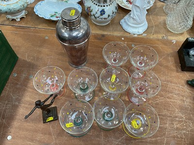 Lot 5009 - Set of six cocktail glasses with polka dot decoration, together with three matching Sunday glasses, an Art Deco cocktail shaker and a bronze figure.
