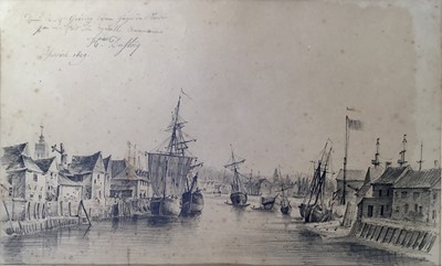 Lot 1182 - French School, early 19th century, curious pencil sketch of Ipswich docks, inscribed in French and dated 1829, indistinctly signed, 18cm x 29.5cm, unframed