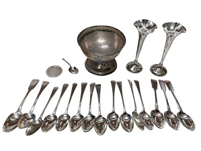 Lot 99 - Silver pedestal bowl bearing the Worshipful Company of Cutlers crest, pair of silver spill vases, various Georgian and later silver teaspoons and a white metal military football medallion