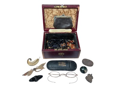 Lot 100 - Victorian jewellery box containing vintage bead necklaces, pair of antique spectacles in case, silver ARP badges, agate brooch, other brooches etc