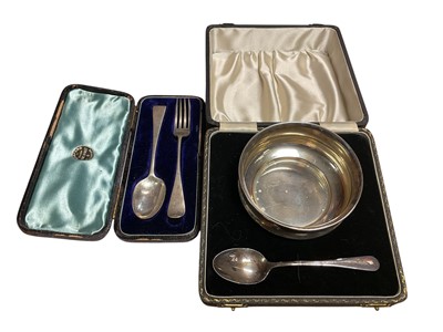 Lot 11 - 1940s silver bowl with silver teaspoon in fitted case and a Victorian silver Christening spoon and fork set in fitted case