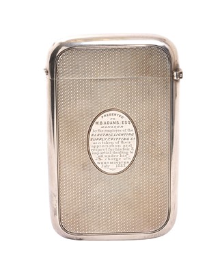 Lot 291 - Good quality Victorian silver cigarette case with engine turned decoration, presentation inscription from the Electric Lighting Supply & Fitting Co. Westminster 1883, (London 1881)