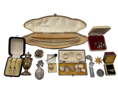 Lot 992 - Group of jewellery including two pairs of silver cufflinks, silver ingot on a chain, Victorian silver locket, Roman coin pendant