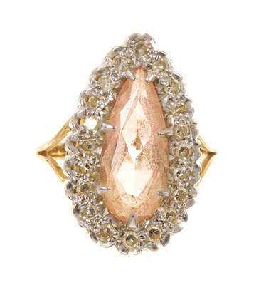 Lot 433 - Imperial topaz and diamond cluster ring with central pear cut topaz surrounded by twenty diamonds in claw setting on gold shank