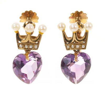 Lot Pair of 9ct gold earrings with faceted heart-shaped amethysts below seed pearl set crowns