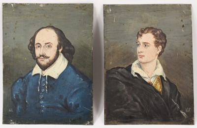 Lot 673 - Pair of 19th century naive portraits on tin of Shakespeare and Byron