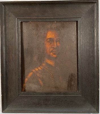 Lot 236 - 17th century style oil on panel portrait of a cavalier, 26cm x 21cm, framed