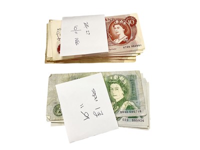 Lot 508 - World - Mixed coins, banknotes & stamps to include G.B. silver Three Pences x 220, Bank of England green £1 notes Cashier Page circa 1978 x 11, red brown Ten Shilling notes, Cashier Fforde c...