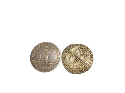 Lot 522 - G.B. - Mixed silver coins to include Elizabeth I hammered Six Pence 1602 Poor-Fair and Birkinshaw Shilling 19th century token Doncaster 1812 GF-AVF (2 coins)