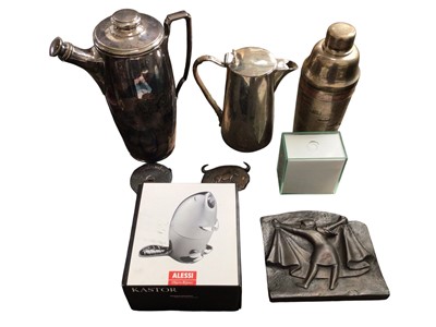 Lot 2589 - Vintage cocktail shaker together with another, Alessi pencil sharpener and other similar metalwares, (1 box).
