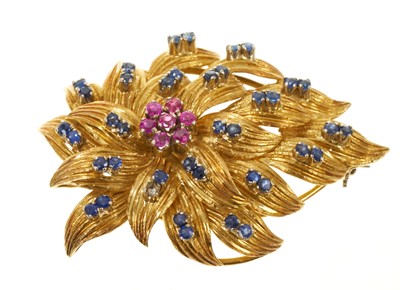 Lot 1960s ruby and blue sapphire floral spray brooch