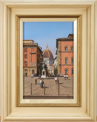 Lot 1016 - * Clive Madgwick (1939-2005) oil on canvas - 'View of Duomo from Piazza Annunziata', signed, dated 2005 and titled verso, 30cm x 20cm, framed