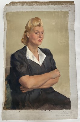 Lot 941 - *Mary Millar Watt (1924-2023) oil on canvas - portrait of a lady, St Ives School of Art, unstretchered 100cm x 61cm and three further portraits