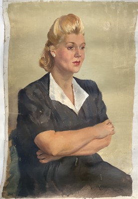 Lot 941 - *Mary Millar Watt (1924-2023) oil on canvas - portrait of a lady, St Ives School of Art, unstretchered 100cm x 61cm and three further portraits