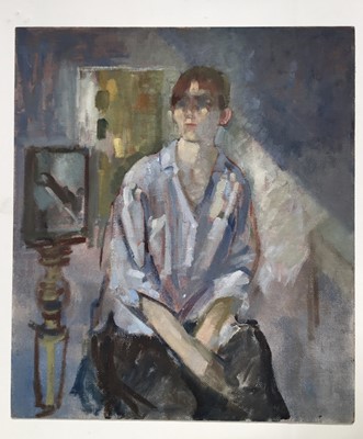 Lot 941 - *Mary Millar Watt (1924-2023) oil on canvas - portrait of a lady, St Ives School of Art, unstretchered 100cm x 61cm and three further portraits