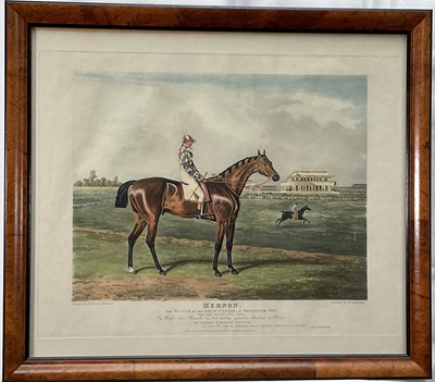 Lot 25 - Thomas Sutherland (1785-1838) hand coloured aquatint after J. F. Herring of Memnon, the St. Leger winner 1825, in glazed maple veneered frame
