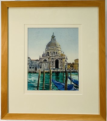 Lot 19 - David Morris (British, Contemporary) watercolour - Venice, 'Across the water to the Salute', signed, 34cm x 27cm, Lincolnshire Artists Society exhibition label verso, glazed frame